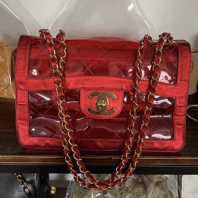 極品vintage Chanel 紅色透明pvc貝嫂包包單肩包