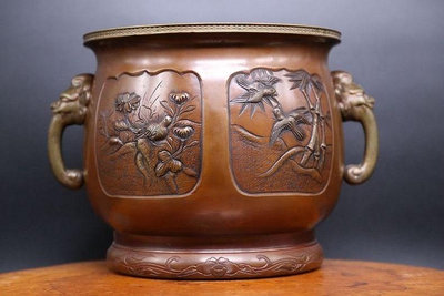 （二手）-日本古董銅火缽，日本煎茶道具，年代古物，宣德唐銅造《高浮雕花 古玩 擺件 老物件【金善緣】