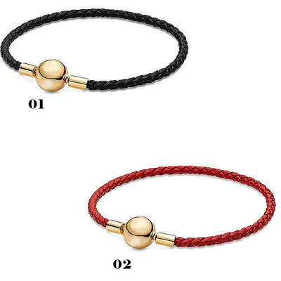 熱銷#Pandora手鏈S925黃金色黑紅編織皮繩手環皮革手鏈