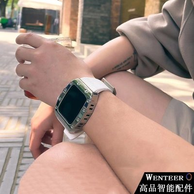 男款DIY改裝金屬殼套裝 Apple Watch 7 6 5 SE代蘋果手錶帶 44mm 45mm 不鏽鋼錶殼 矽膠錶帶-極巧3C