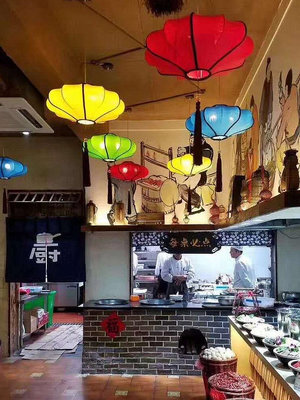 新中式紅燈籠布藝吊燈現代創意餐廳飯店燈具中國風飛碟宮燈吊燈