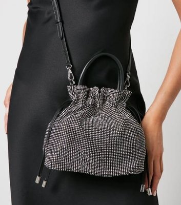 代購DKNY Feven Crystal-Embellished Faux Leather Bag束口低調奢華水桶包