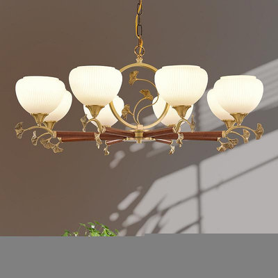 新中式銀杏葉銅燈現代餐廳茶室純黃銅創意紅實木裝飾客廳大廳吊燈