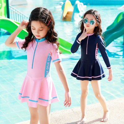 兒童泳衣女童長袖防晒連體女孩中大童韓國公主連體可愛洋氣游泳衣