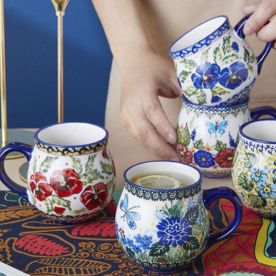 現貨：波蘭彩大肚杯 復古釉下彩陶瓷水杯 辦公家用馬克杯咖啡杯