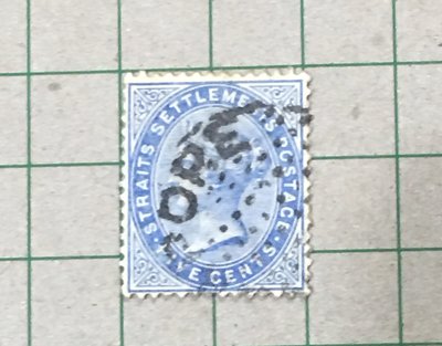 【郵卡庫2/QV】海峽殖民地1883年SC45，藍 5分維多利亞女王，背貼舊票 SP8248