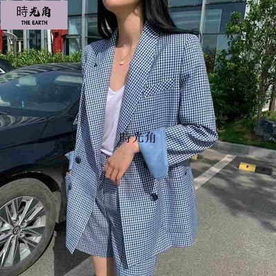 超高CP值西裝女 韓版新藍色格子高級感不規則薄西裝外套+高腰短褲時尚  兩件式 正韓女裝