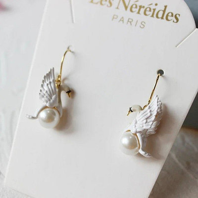 【Koaa海購】法國Les Nereides琺瑯釉首飾品 白天鵝白珍珠 耳環耳掛耳鉤 氣質