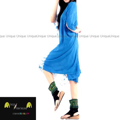 Unic＠泰國進口藍染洋裝TD133『100%純棉文藝風❤️一字肩超涼感寬袖洋裝』異國風 超顯瘦 文藝風 中長洋裝