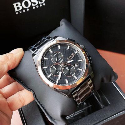 HUGO BOSS Grandmaster 黑色面錶盤 黑色不鏽鋼錶帶 石英 三眼計時 男士手錶 1513885