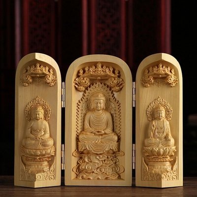 【熱賣精選】  佛教用品 三開盒佛龕 三寶佛 法像莊嚴 木雕擺件 黃楊木（GA-2400）