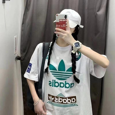 Adidas 阿迪短袖三葉草字母logo印花T恤女寬鬆T恤長版休閒上衣圓領T恤套頭衫夏季純棉百搭男運動T恤情侶T恤短袖短t