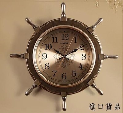 現貨歐式 金色復古船舵造型時鐘 牆面歐風藝術時尚掛鐘牆鐘 時鐘靜音鐘牆面裝飾鐘可開發票