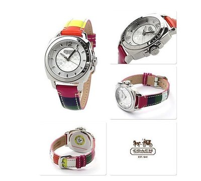 【MOMO全球購】COACH 全新正品 14501545 貴氣彩色石英手錶 真皮錶帶手錶 女手錶  促銷款