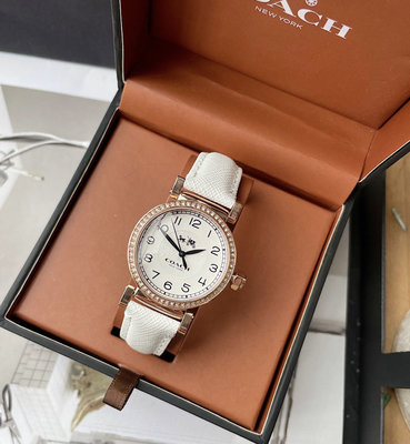 COACH Madison 玫瑰金色水鑽框 白色錶盤 白色真皮皮革錶帶 石英 女士手錶 14502401