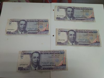 菲律賓100披索紙鈔4張(下標即售)