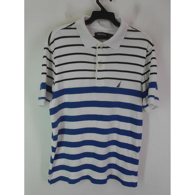 男 ~【NAUTICA】白色+黑色+寶藍色條紋POLO衫 S號(5B101)~99元起標~