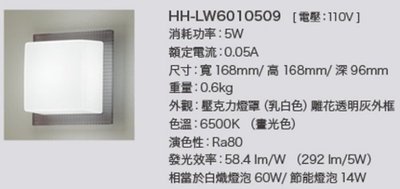 Panasonic 國際牌 5W 白光 LED 雕花透明灰框方形壁燈 HH-LW6010509  LW6020509