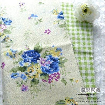 藍玫瑰綠格棉麻布背景布拼布~桌巾桌布可訂做
