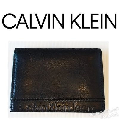 Calvin Klein 證件夾 CK 對折名片夾悠遊卡套錢包 黑色皮革車票夾卡男性皮夾二手真品158 一元起標↘有LV