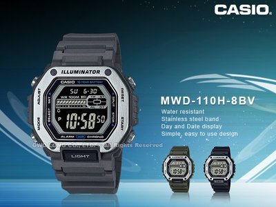 CASIO 手錶專賣店 國隆 MWD-110H-8B 數位男錶 強悍金屬 鐵灰 膠質錶帶 防水100米 MWD-110H