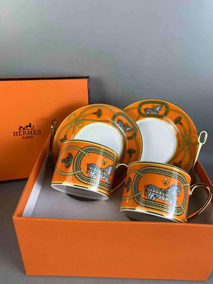 Hermes愛馬仕皇家橙色戰馬骨瓷咖啡杯禮盒裝禮品盒紅茶杯下