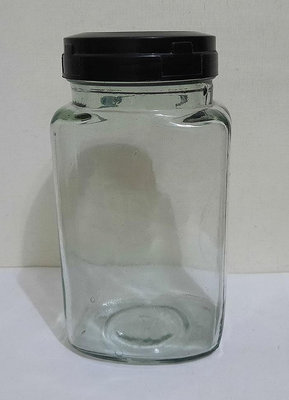 早期 氣泡玻璃罐 黑蓋方形玻璃罐