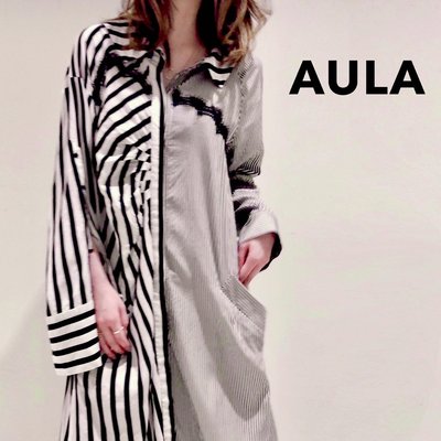 SHINY SPO 獨家代理日本設計師品牌AULA時尚走秀款異材質拼接蕾絲多造型粗條紋混搭細條紋不規則下襬不對稱抓皺設計超長版襯衫長洋裝 黑白色