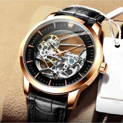 新款 TEVIES 特威斯 香港品牌 雙面鏤空陀飛輪機械魅力大錶面 全自動機械錶 時尚紳士型男真皮錶帶手錶【S &amp; C】