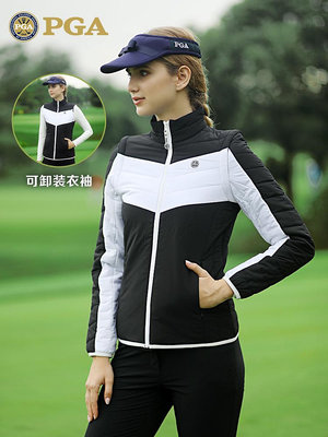 美國PGA高爾夫馬甲女/長袖外套秋冬季防風棉衣可拆卸衣袖背心服裝