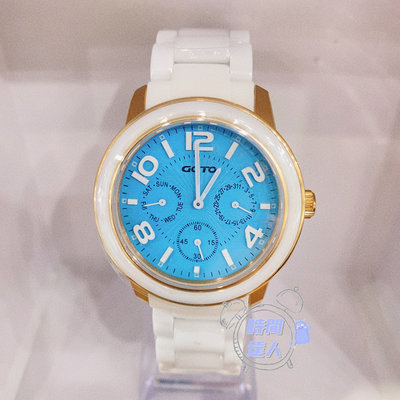 [時間達人]GOTO 躍色純粹時尚純白陶瓷手錶- 三眼手錶 星期 日期 IP玫x白刻度(GC6106M)
