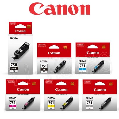 Canon PGI-750XL PGBK CLI-751XL BK/C/M/Y/GY 原廠高容量墨水匣組合 (2黑4彩) 適用 IP7270/iX6770