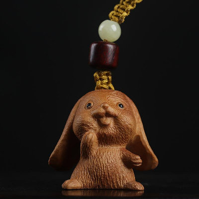 印度老山檀香垂耳兔子加油生肖兔木頭雕掛件車鑰匙扣檀木隨身飾品