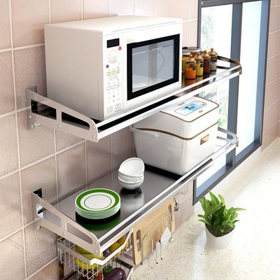 加厚廚房微波爐烤箱墻上架子304不銹鋼儲物收納單層壁掛置物架-促銷