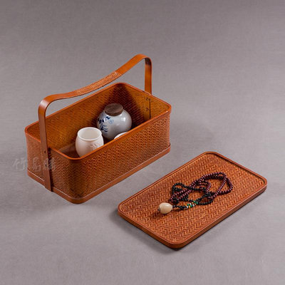純手工竹編提盒茶具收納盒茶箱旅行便攜收納包竹提籃提箱天然復古