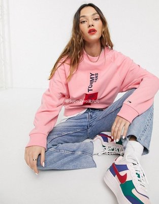 凌六六英國代購 Tommy jeans粉色時尚寬松百搭運動圓領套頭衛衣女