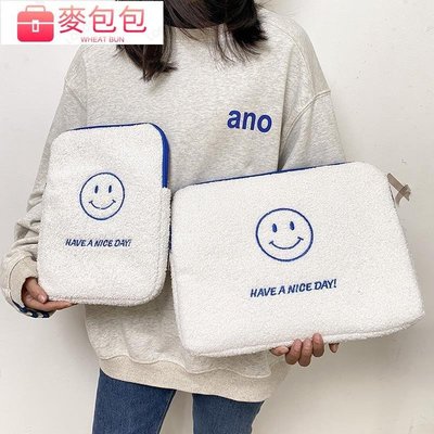 毛絨筆平板內袋11吋/13吋筆電包 韓國ins設計 刺繡iPad筆電包 笑臉電腦收納包--麥包包--麥包包