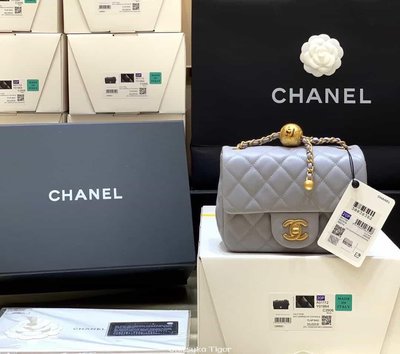 [二手]Chanel Flap Bag 新款金屬球包金珠CF方胖子 AS1786灰藍
