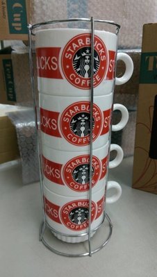 STARBUCKS 星巴克~疊疊杯(1組/4杯) 含鐵架~陶瓷咖啡杯 膠囊咖啡適用 - 質感咖/狂野紅/搶手綠/經典黑(4色可選)