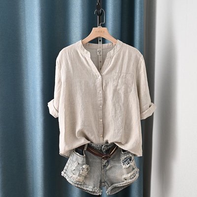 【極簡時尚】韓版夏季純色V領亞麻襯衫顯瘦七分袖上衣