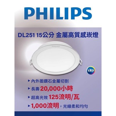 新款 PHILIPS 飛利浦 LED 15cm 8W 金屬高質感 柔光 崁燈 DL251 (黃光 自然光 白光) 全電壓