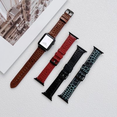 鱷魚紋真皮錶帶 適用於Apple watch1-7代智慧手錶38mm/42mm錶帶 蘋果40 44手錶錶帶商務錶帶