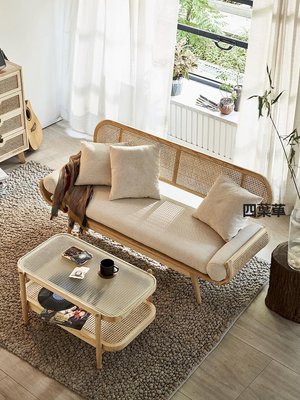 日式實木藤編沙發民宿客廳雙人三人藤椅樣板間設計師輕奢創意家具四葉草百貨