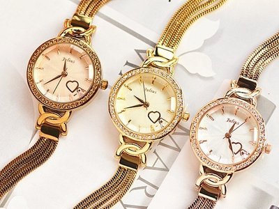 ☆貝露卡☆ 韓國設計品牌 JULIUS愛心鑽飾圓框金屬水波紋鍊帶手錶 預購