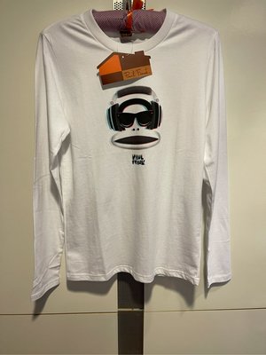++特價++新品入荷 設計師品牌PAUL FRANK品牌 白色大嘴猴戴耳機圖案設計質感長袖上衣(白)(M)(男)(女)