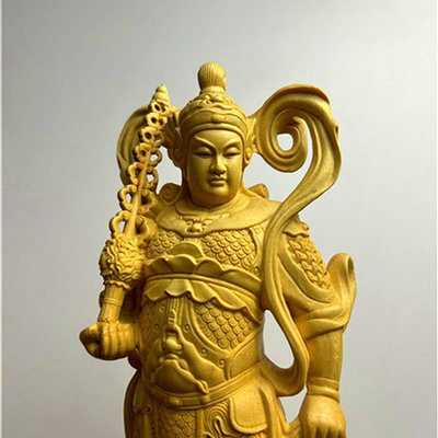 檜木雕刻伽藍韋陀菩薩左右護法佛像供奉擺件關公韋馱財神像居家用
