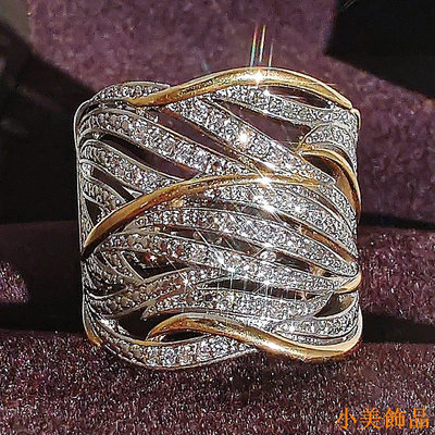 小美飾品新款微鑲鋯石纏繞多層黃金雙色戒指