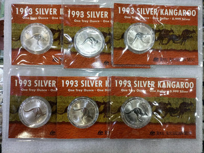 澳大利亞卡裝袋鼠銀幣，1993年1盎司純銀999，一共6枚，