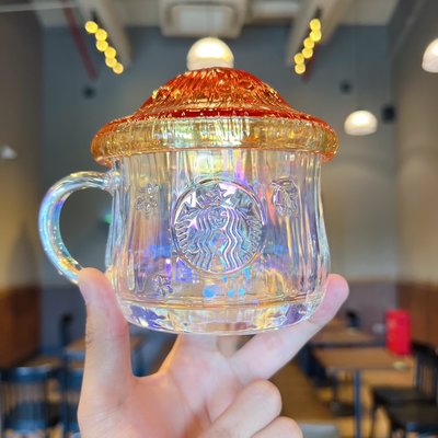 星巴克新品杯子2022年中秋森林蘑菇玻璃造型帶蓋辦公桌面咖啡水杯~可開發票