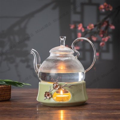 下午茶茶具歐式花茶茶具花茶杯套裝陶瓷玻璃煮水果蠟燭茶壺錫梅花陶瓷茶爐-Misaki精品